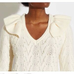 Industry Pearl Long Sleeve Ruffle Pointelle V-Neck Cable Pullover Sweater